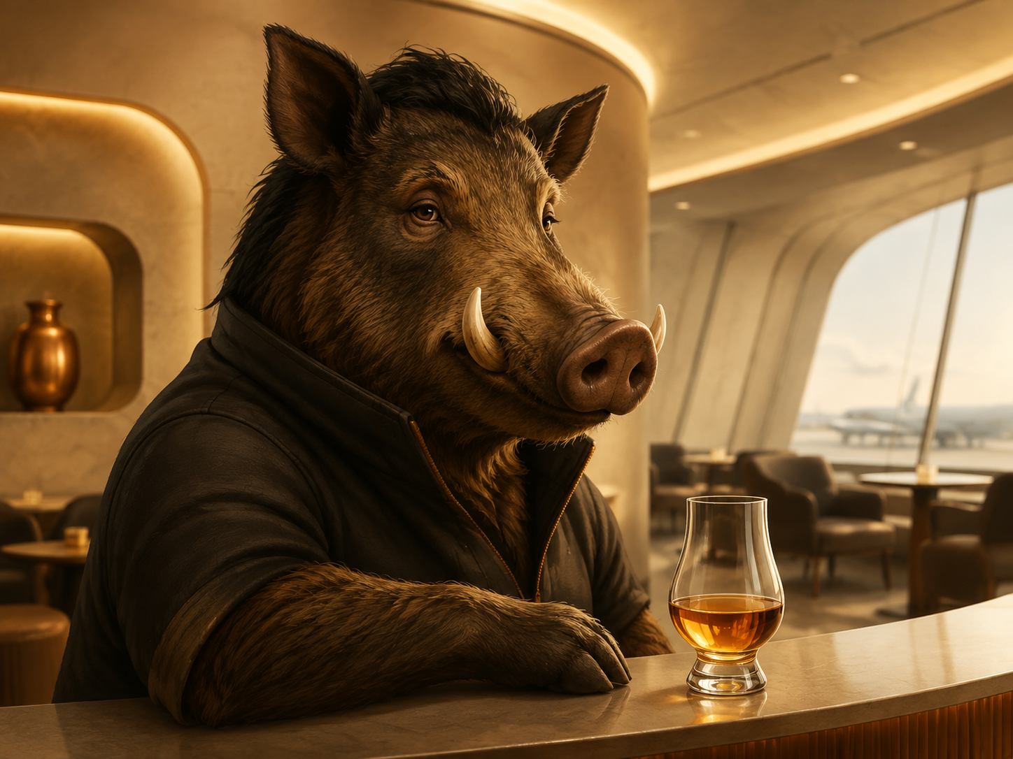The WhiskeyHog guide with a glass of amber whiskey in a modern lounge